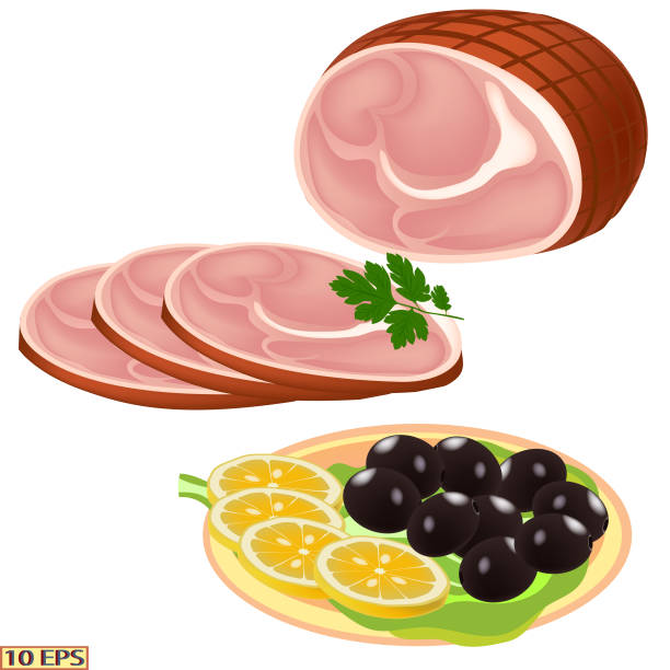 stockillustraties, clipart, cartoons en iconen met ham. gerookt vlees snijd in plakjes smakelijk. pictogram ham. sneetjes gerookte varkensvlees, citroen en olijven. heerlijke ham. vector. - rookworst
