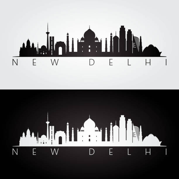 ilustrações, clipart, desenhos animados e ícones de nova deli skyline e marcos silhueta, preto e branco desenho, ilustração vetorial. - india new delhi architecture monument