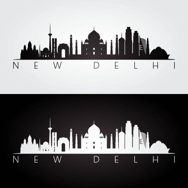 нью-дели горизонта и ориентиры силуэт, черно-белый дизайн, векторная иллюстрация. - delhi new delhi panoramic india stock illustrations