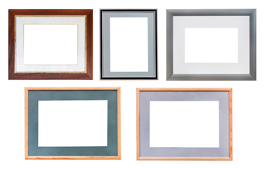 set of picture frames with passepartout with cut out canvas isolated on white background