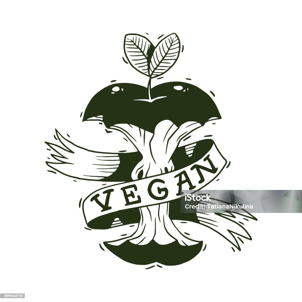 Vegan Emblem Apple Core With Leaves Monochrome Style Stock Illustration -  Download Image Now - iStock