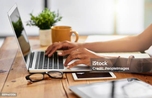 Shes A Fast Typer Stock Photo - Download Image Now - Laptop, Hand, Desk