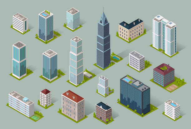Skyscrapers House Building Icon Skyscraper logo building icon. Set of buildings and isolated skyscraper. Isometric tower and office city architecture buildings, 3d house business building, apartment office vector illustration city map illustrations stock illustrations