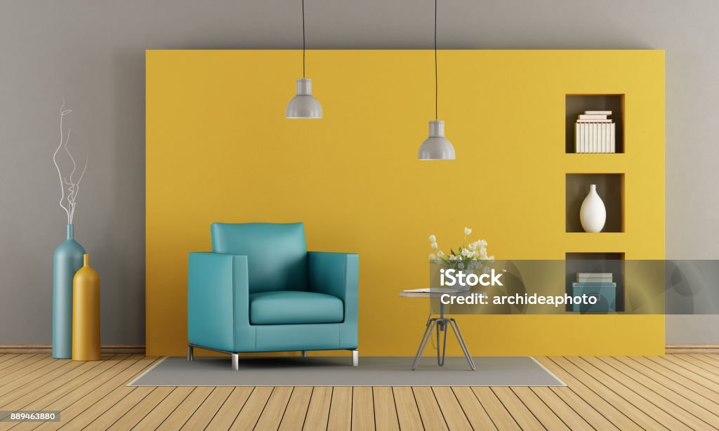 Colorful living room Colorful living room with armchair and coffee table - 3d rendering
 Yellow Stock Photo