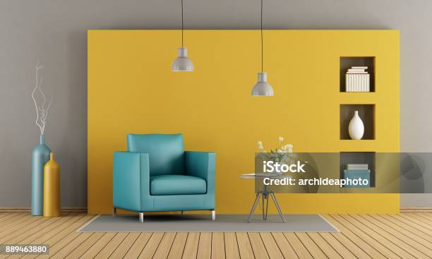 Foto de Colorida Sala De Estar e mais fotos de stock de Amarelo - Amarelo, Colorido, Parede