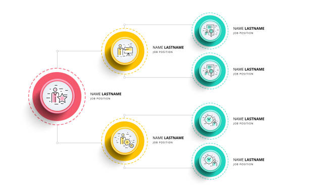 infografiki wykresu hierarchii biznesowej. elementy graficzne struktury organizacyjnej firmy. szablon oddziałów organizacji firmy. nowoczesny projekt układu graficznego wektorowej informacji. - togetherness web page organization symbol stock illustrations