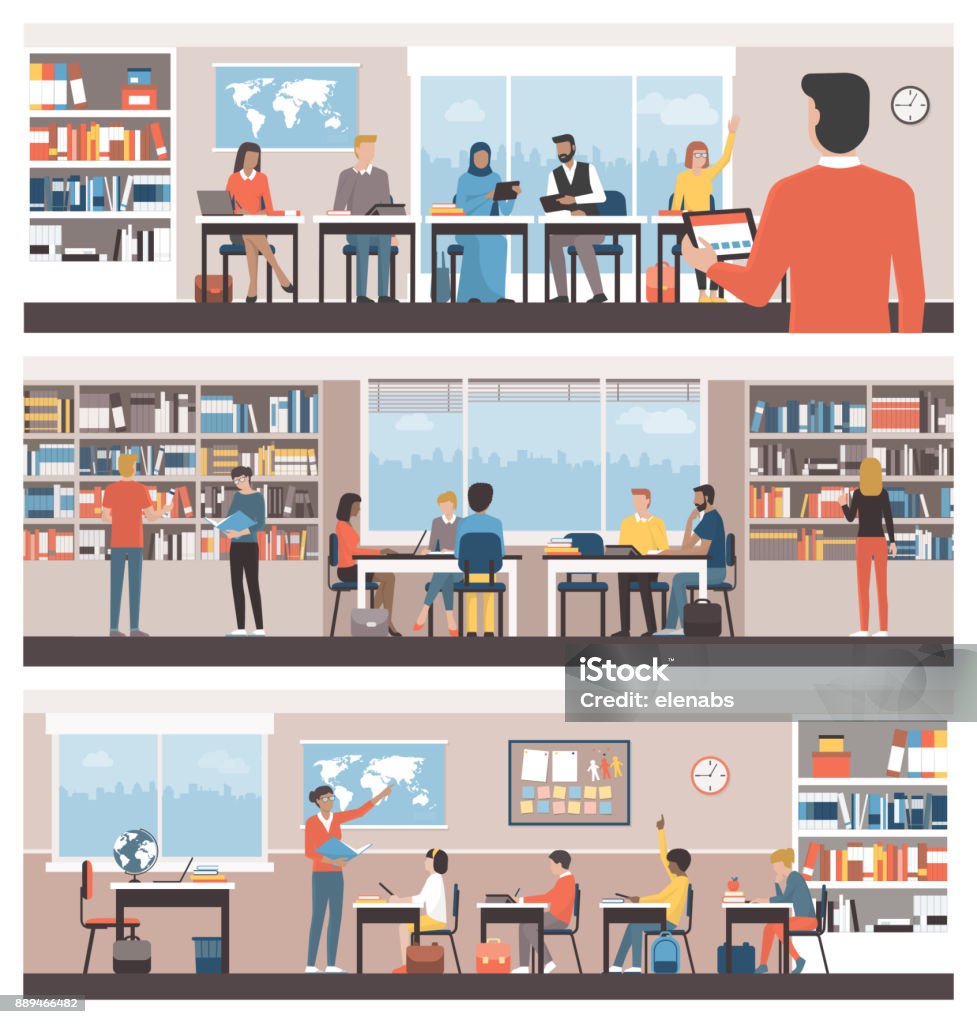 Learning and education Adult multicultural students, academic students at the library and teacher with pupils in the classroom: school and education concept Classroom stock vector