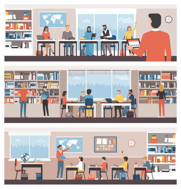 Learning and education Adult multicultural students, academic students at the library and teacher with pupils in the classroom: school and education concept classroom stock illustrations