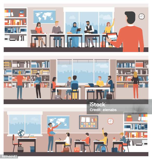 Learning And Education Stock Illustration - Download Image Now - Classroom, School Building, Library