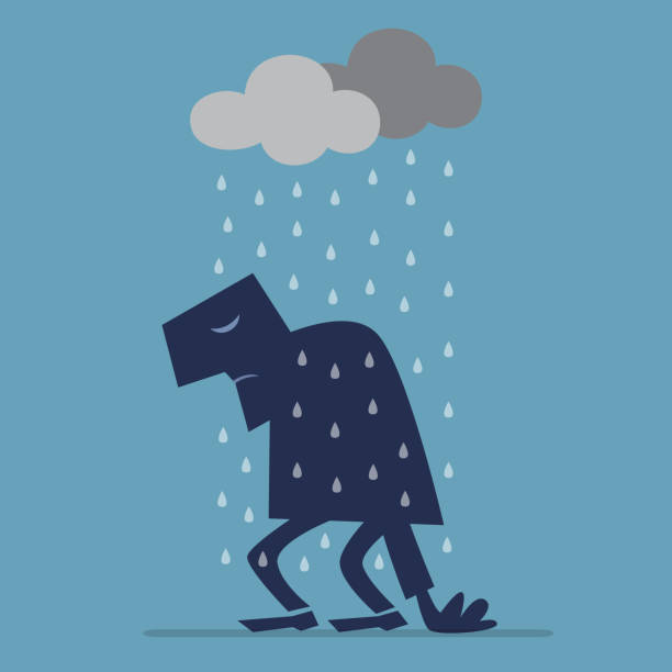 illustrazioni stock, clip art, cartoni animati e icone di tendenza di uomo depresso che cammina sotto rain cloud - downbeat
