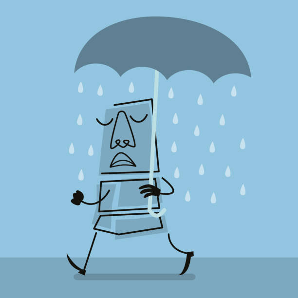 Man Walking Under Umbrella and Rain vector art illustration
