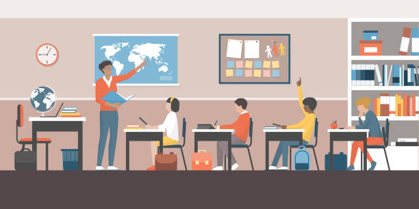 nauczyciel i uczniowie w klasie - desk education school student stock illustrations