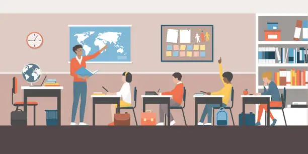 Vector illustration of Teacher and pupils in the classroom