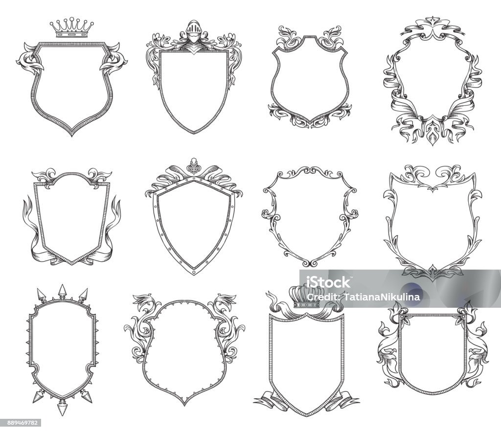 Set of twelve heraldic shields, line art Vector set of twelve different heraldic shields with various decorative elements on a white background. Coat of arms, heraldry, emblem, symbol. Made in monochrome style. Line art. Vector illustration. Coat Of Arms stock vector