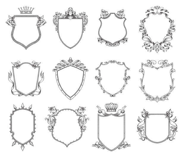 Set of twelve heraldic shields, line art Vector set of twelve different heraldic shields with various decorative elements on a white background. Coat of arms, heraldry, emblem, symbol. Made in monochrome style. Line art. Vector illustration. coat of arms stock illustrations