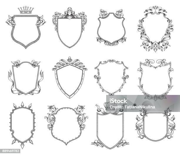 Set Of Twelve Heraldic Shields Line Art Stock Illustration - Download Image Now - Coat Of Arms, Shield, Vector