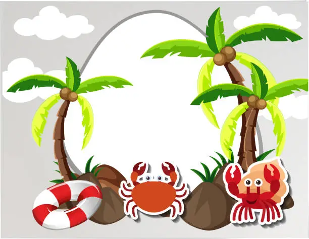 Vector illustration of Round border with crabs and coconut trees