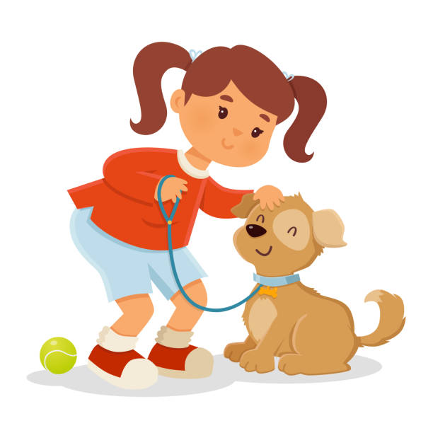 Girl playing with Dog vector art illustration