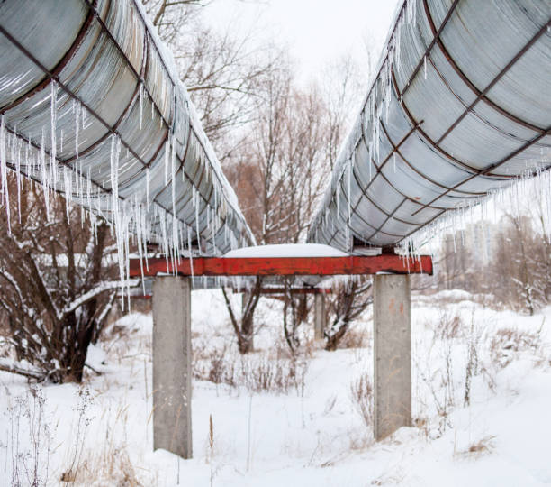 Pipelines with icicles hanging from the pipes.