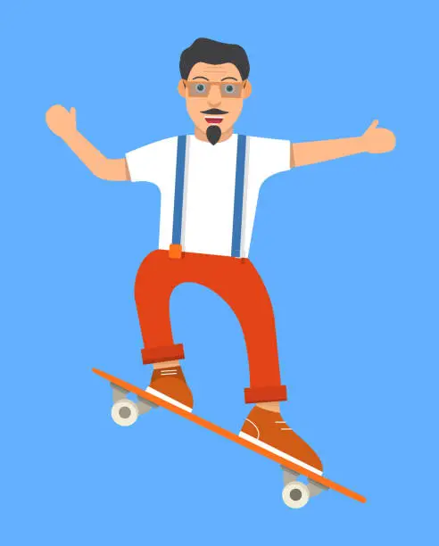 Vector illustration of The hipster of sport doing a trick on a skateboard.The adult man in sunglasses with a beard and moustaches dressed in a t-shirt and trousers with braces and in sneakers.