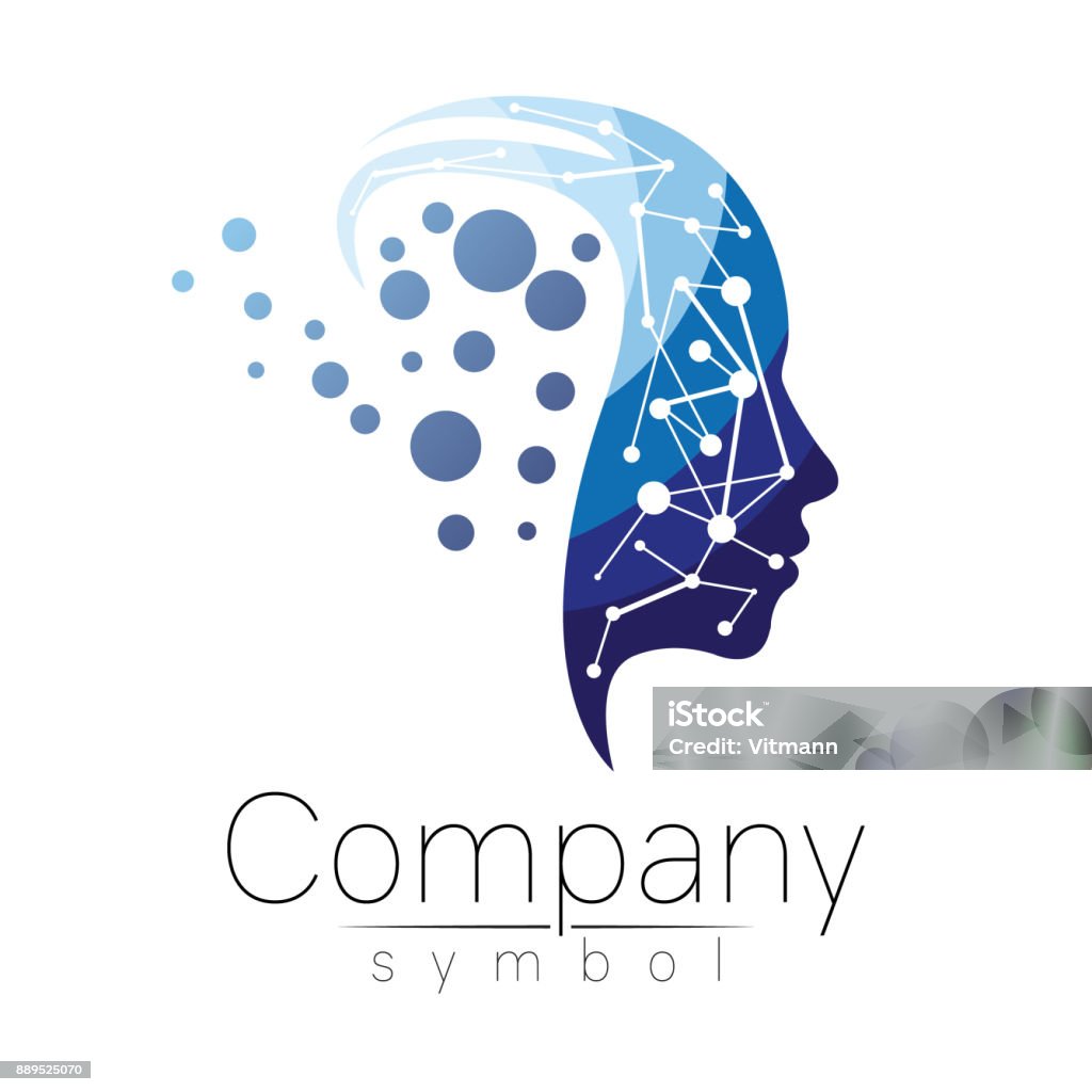 Vector symbol of human head. Profile face. Blue color isolated on white background. Concept sign for business, science, psychology, medicine. Creative sign design Man silhouette. Modern icon. Logo stock vector