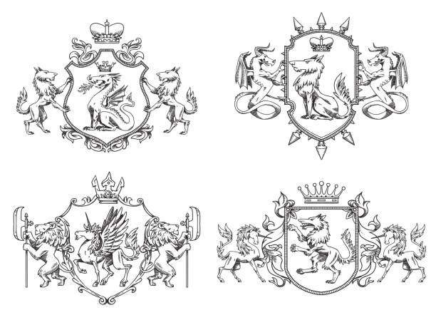 ilustrações de stock, clip art, desenhos animados e ícones de set of four heraldic shields with different animals, line art - pegasus horse symbol mythology
