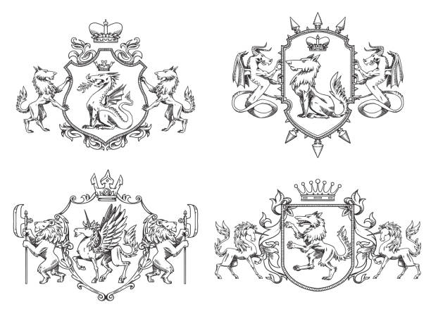 Set of four heraldic shields with different animals, line art Vector set of various heraldic shields with different heraldic animals: wolves, lions, dragons and unicorns in the center on a white background. Coat of arms, heraldry, emblem, symbol. Line art. heraldry dog stock illustrations