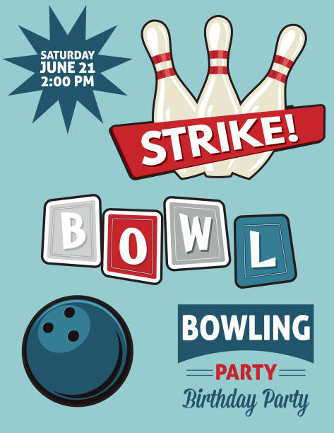 ilustrações, clipart, desenhos animados e ícones de estilo retrô modelo de convite de boliche festa de aniversário - retro revival bowling red blue