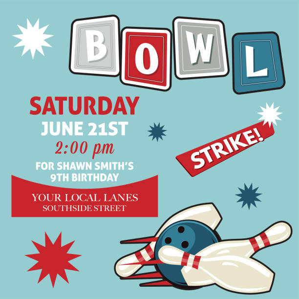 레트로 스타일의 유명한 생일 파티 초대장을 형판 - retro revival bowling red blue stock illustrations