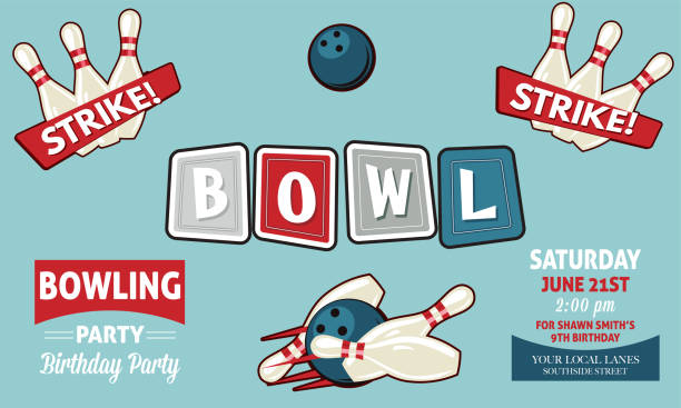 Retro Style Bowling Birthday Party Invitation Template Retro Style Bowling Birthday Party Invitation Template. Bowling elements in retro style with room for text. bowling strike stock illustrations