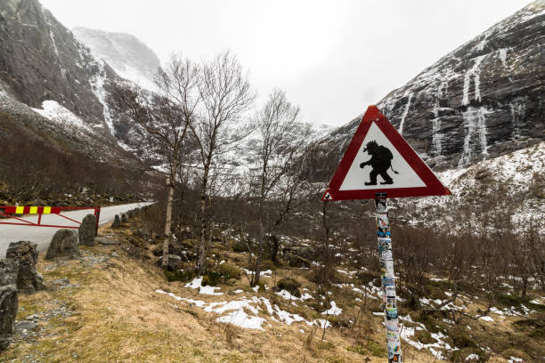 roliga troll varningstecken på vägen mot trollstigen, norge - troll bildbanksfoton och bilder