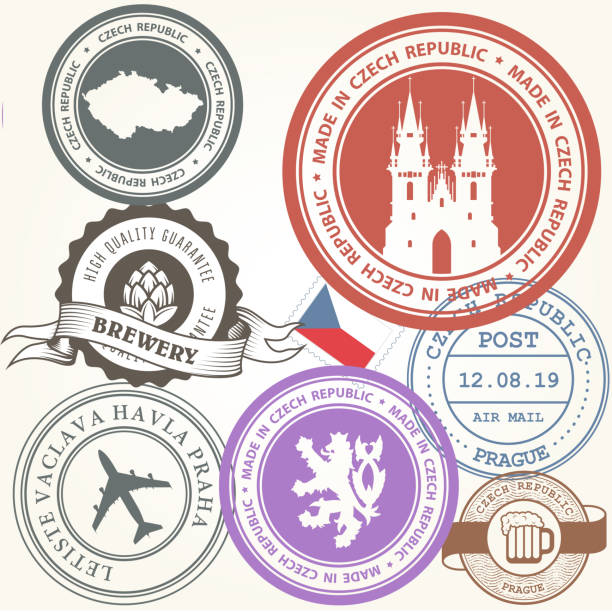ilustraciones, imágenes clip art, dibujos animados e iconos de stock de sellos de viajes checo conjunto - símbolos de viaje de praga - rubber stamp mail passport travel