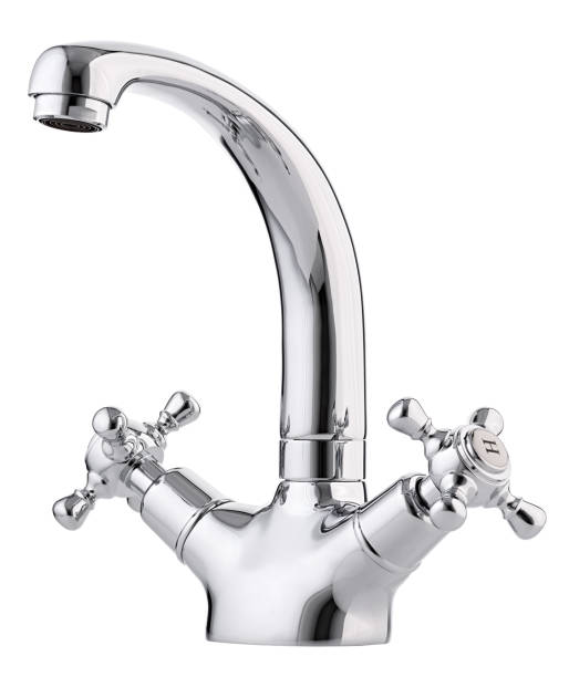 istock Mixer cold hot water. Modern faucet  bathroom.  Kitchen tap  . Isolated  white background. Side view. 889576916