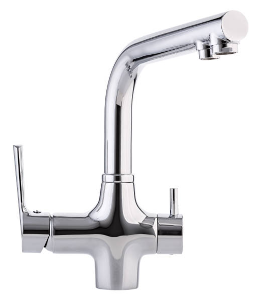 istock Mixer cold hot water. Modern faucet  bathroom.  Kitchen tap  . Isolated  white background. Side view. 889577028