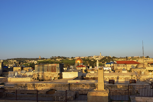 View of Al-Aqsa Mosque and the Mount of Olives, Jerusalem Old city from the Temple Mount roofs at sunset, Dome of the Rock and Al Aqsa Mosque in Jerusalem, Israel