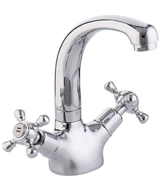istock Mixer cold hot water. Modern faucet  bathroom.  Kitchen tap  . Isolated  white background. View from above. 889592502