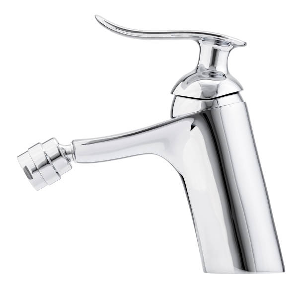 istock Mixer cold hot water. Modern faucet  bathroom.  Kitchen tap  . Isolated  white background. Side view. 889592566