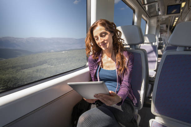 istock woman sitting in train reading digital tablet 889605980