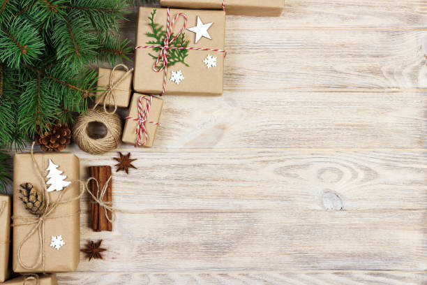 istock chrastmas bachground with decorations and gift handmade on white background, top view, copy space 889609856