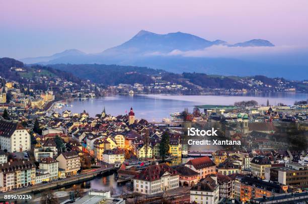 Lucerne Town Lake Lucerne And Rigi Mountain Switzerland Stock Photo - Download Image Now