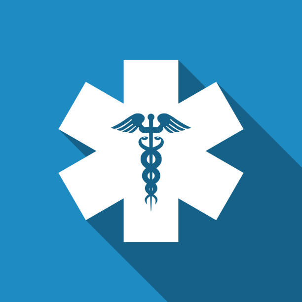 ilustraciones, imágenes clip art, dibujos animados e iconos de stock de emergencia estrella - símbolo médico caduceo serpiente con icono de palo aislado con sombra. estrella de la vida. diseño plano. ilustración de vector - medicina de emergencia