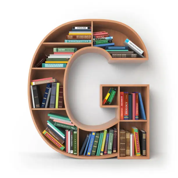 Letter G in the form of shelves with books isolated on white. 3d illustration
