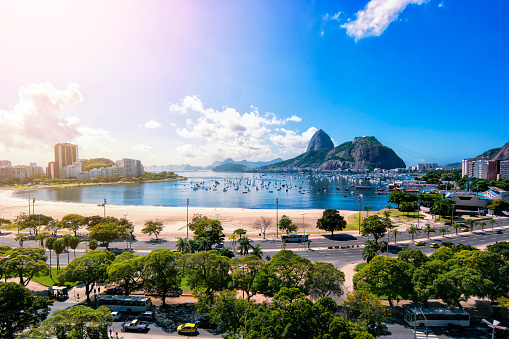 Photo of Botafogo Beach at Rio de Janeiro, Brazil. This photo was taken above a building, with sugarloaf on background.