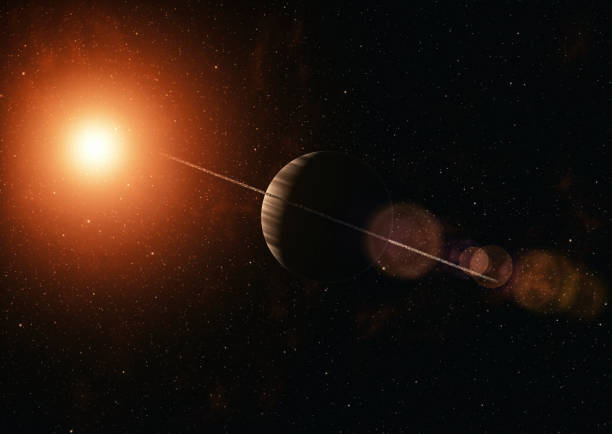 istock Large gas planet with ring system of ice particles orbiting red giant. Outer Space, Cosmic Art and Science Fiction Concept. 889651016