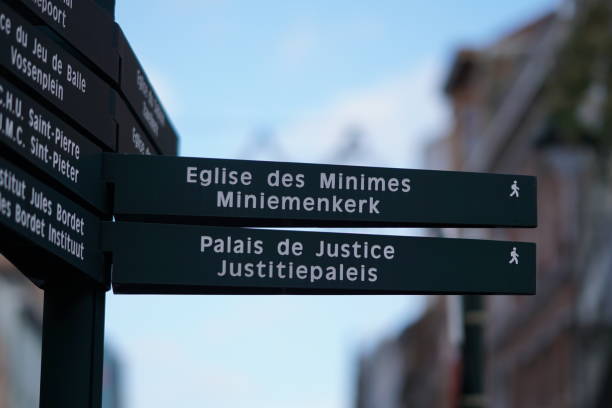 istock Bilingual pedestrian signpost in Brussels, Belgium 889657994