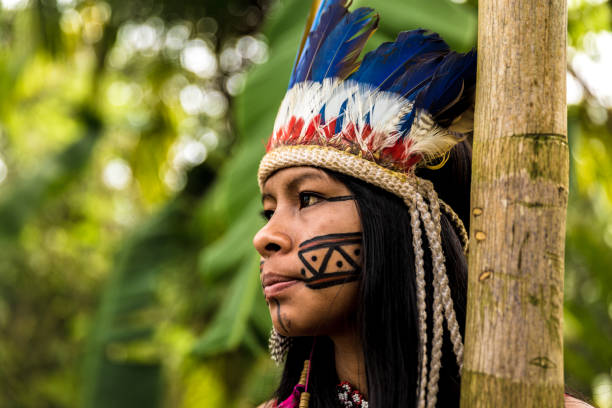 indigenous girl from tupi guarani tribe in manaus, brazil - tribal art fotos imagens e fotografias de stock