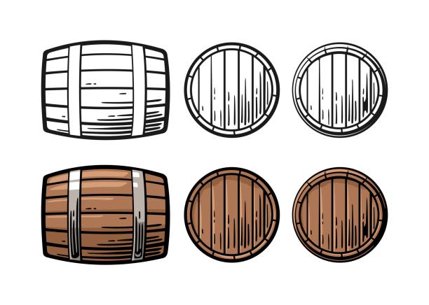 ilustraciones, imágenes clip art, dibujos animados e iconos de stock de barril de madera frontal y lateral ven ilustración de vector de grabado - barrel