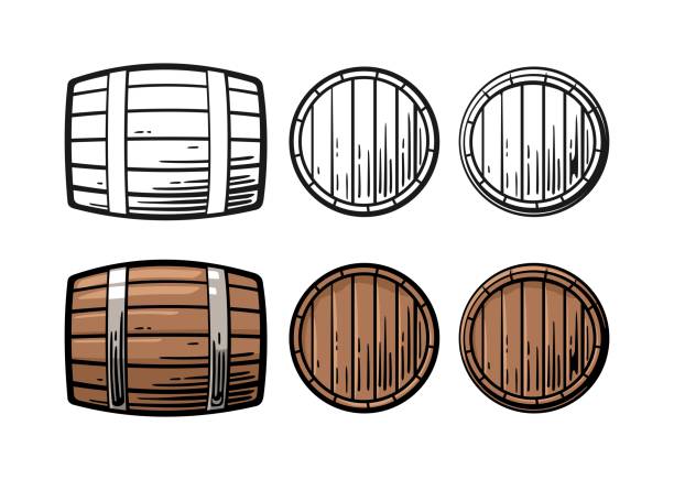 illustrations, cliparts, dessins animés et icônes de tonneau en bois avant et latérales découvre illustration vectorielle de gravure - whisky