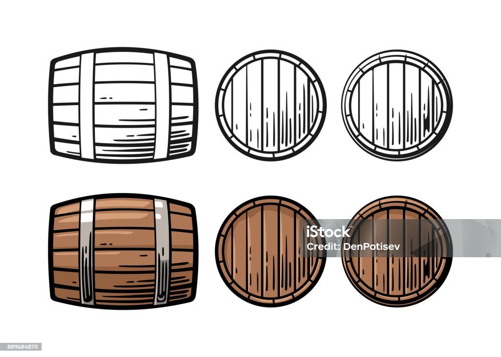 Wooden barrel front and side view engraving vector illustration Wooden barrel front and side view. Color and black vintage engraving vector illustration. Isolated on white background Barrel stock vector