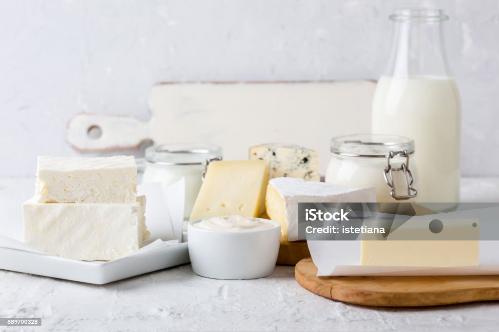 Fresh organic dairy products Fresh organic dairy products on white table Dairy Product Stock Photo
